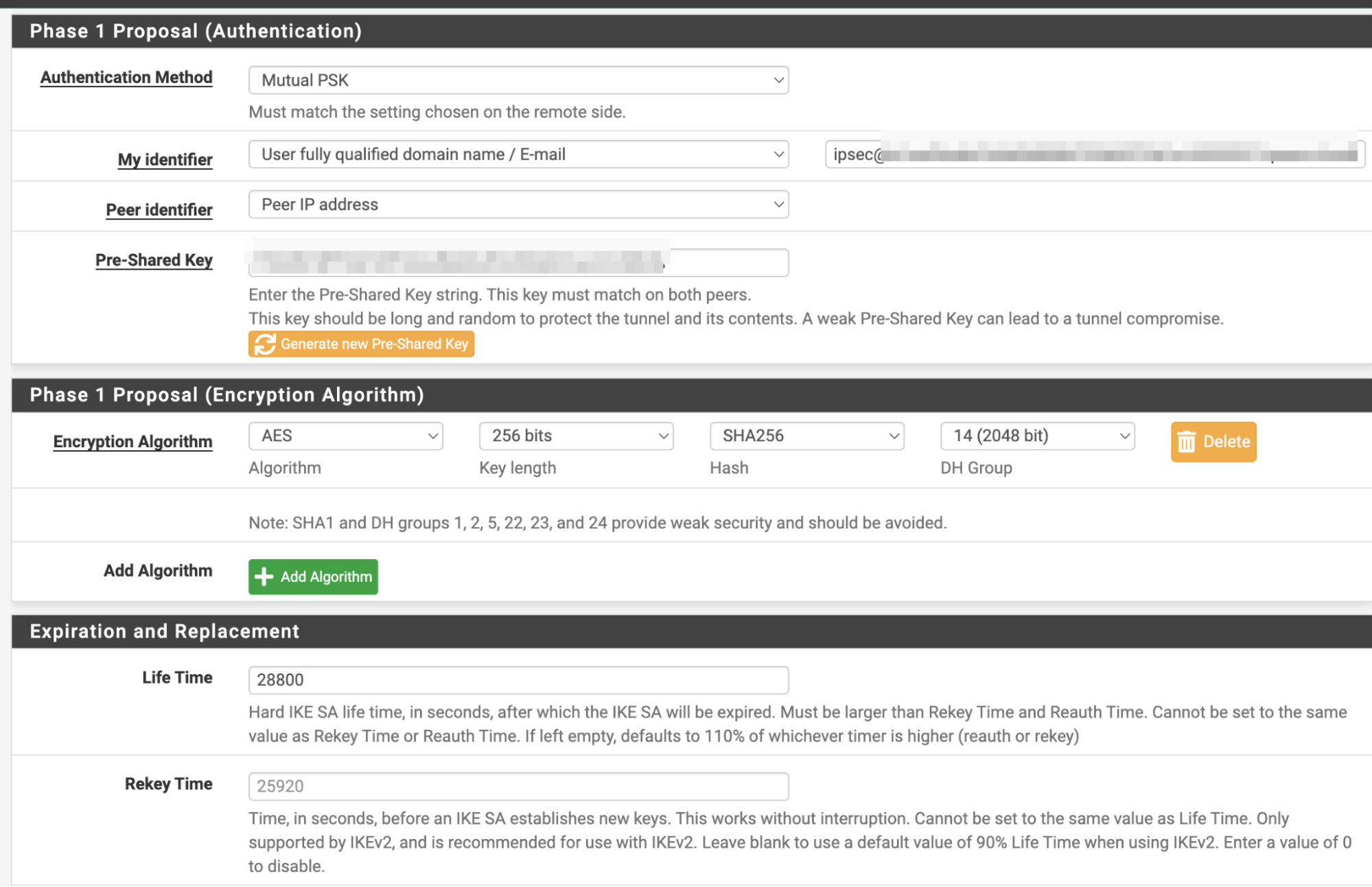 pfSense IPsec phase 1 settings