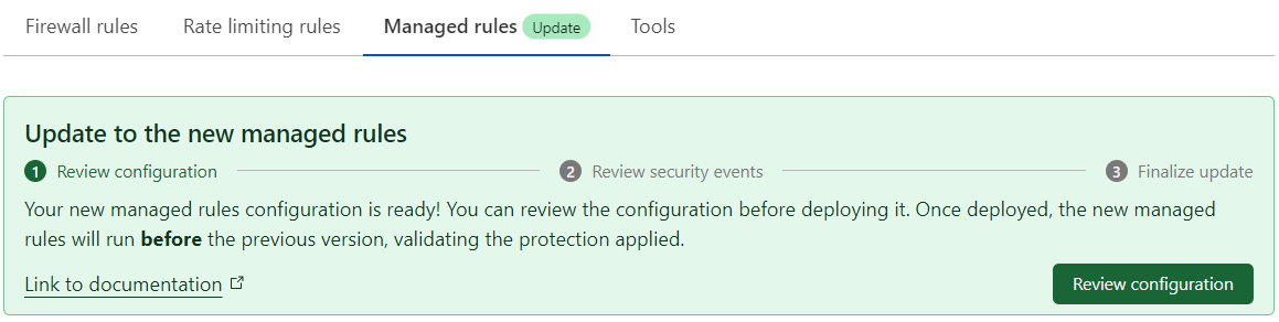 The migration banner displayed to Enterprise customers in WAF &gt; Managed rules.